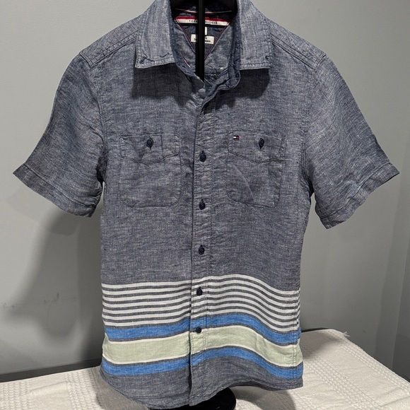 Tommy Hilfiger Men's Blue Chambray Shirt with Stripes - Picture 1 of 10